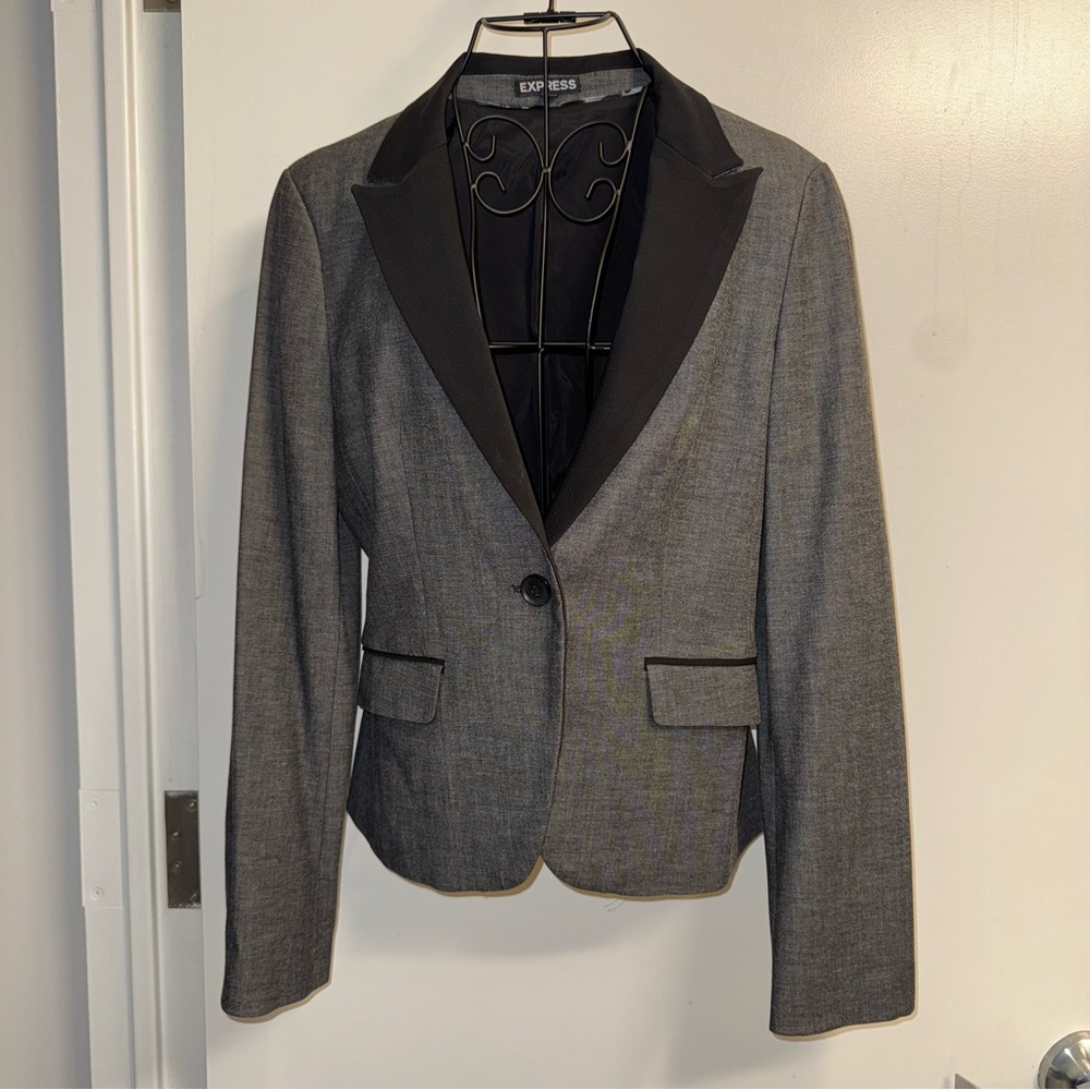 Express Single Breasted Contrast Collar Blazer Black & Gray